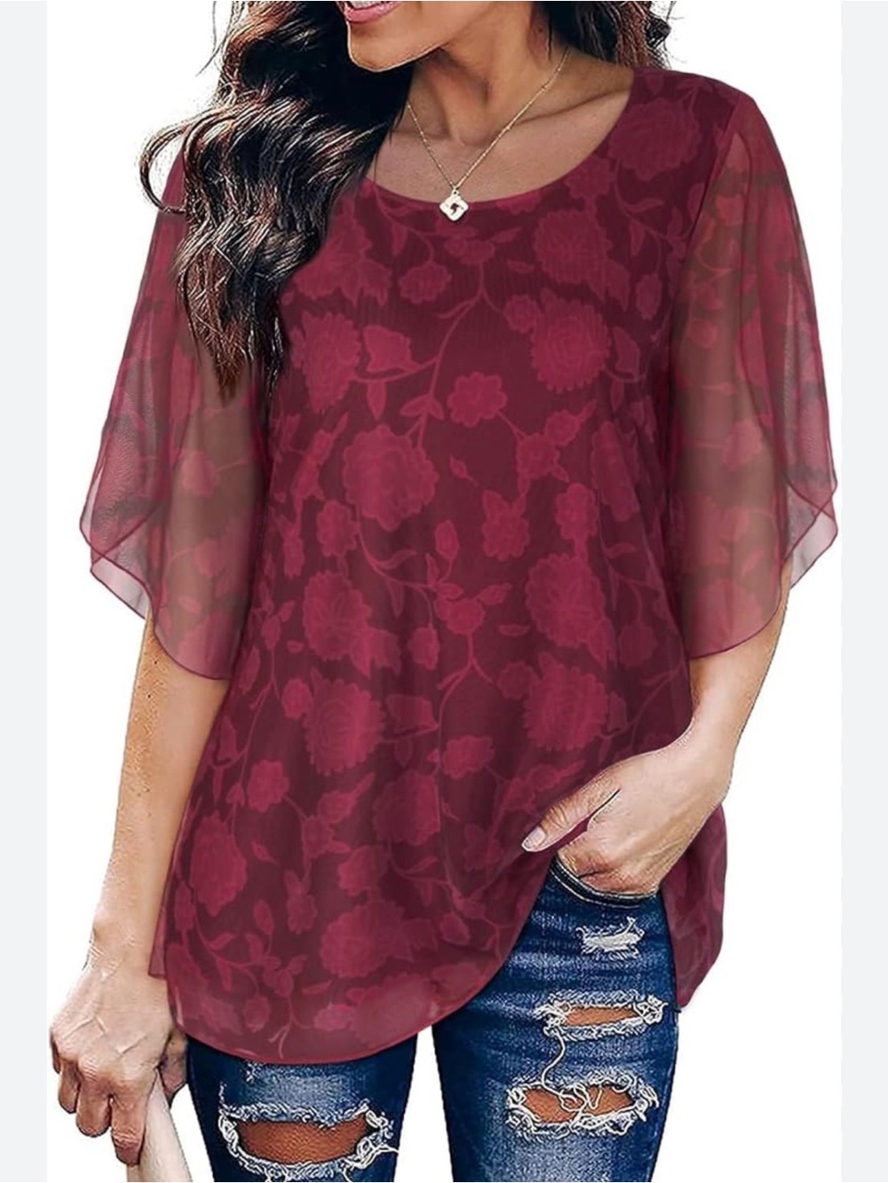Women’s Floral Sheer Sleeve Top - Burgundy